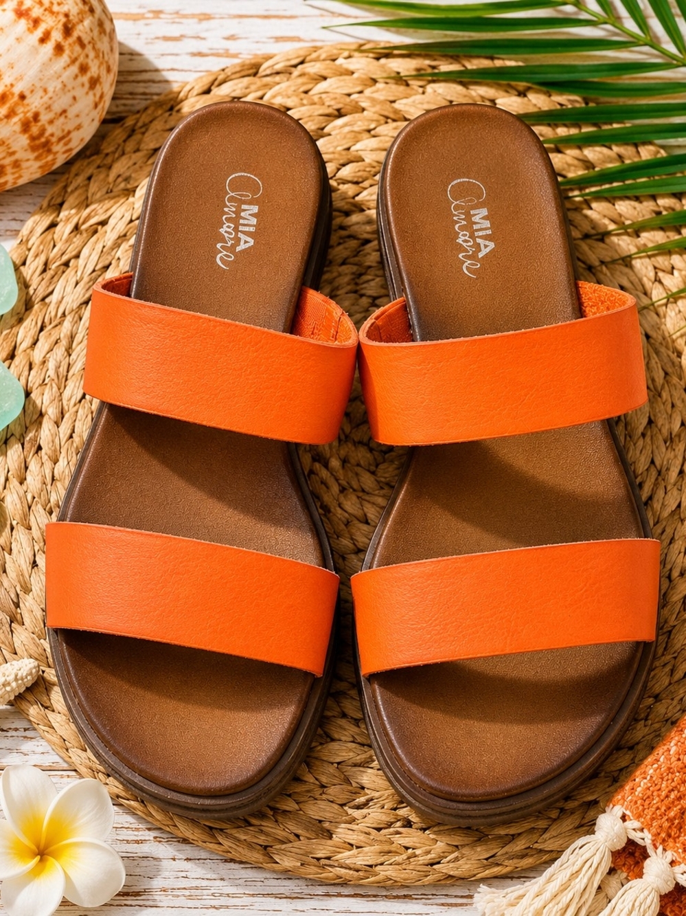 Mi Amore Women's Orange Double-Strap Slide Sandals 8